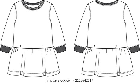 Fashion Girls Dress With Ruffles. Fashion Illusration. Technical Drawing.