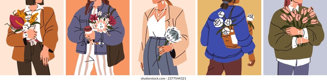 Fashion girls with flowers in hands, cards set. Modern stylish women holding beautiful floral bouquets for holiday, gentle spring blooms. Trendy romantic female posters set. Flat vector illustrations