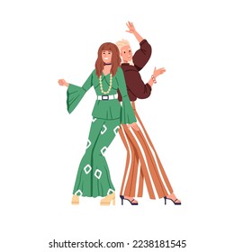 Amigos de las chicas de moda bailando en la discoteca al estilo retro de los años 80. Pareja de bailarinas de la década de 1980 mudándose a la música en los ochenta, fiesta disco de 1980. Ilustración vectorial plana aislada en fondo blanco