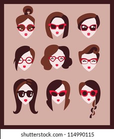 fashion girls in glasses icon set vector illustration eps 10