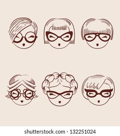 fashion girls in glasses icon set hand drawn vector illustration eps 10