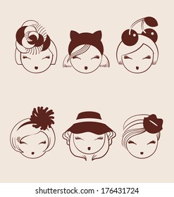 fashion girls in head accessories icon set hand drawn vector illustration eps 10