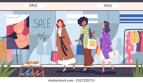 Chicas de moda en el centro comercial. Departamento de boutique de moda de compras de amigos de mujeres jóvenes, hermosa dama feliz shopaholic tienda de venta Cliente de moda mujeres shopper, Ilustración vectorial con clase Obra de arte original