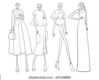 Fashion girls, models, lines, vector illustration 
