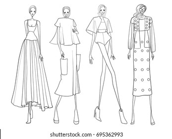 Fashion girls, models, lines, vector illustration 