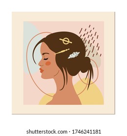 Fashion girls profile with trendy hairstyle. Woman with hairpins and hair clips on color background. Vector illustration for print, t-shirt design, poster, banner. 