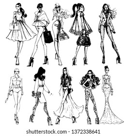 
Fashion girls set. Hand drawn vector collection. isolated on a transparent background