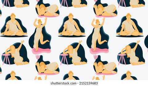 Fashion girls in sheets. Women's seamless pattern with girls in different poses on the catwalk. Women empowerment movement pattern. International women's day graphic in vector. Mental health concept