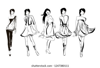 Fashion girls sketch. Fashion illustration. Drawing fashion models