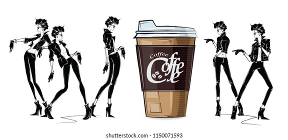 Fashion girls in sketch-style with big cup of coffee. Vector illustration.