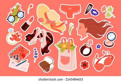 Los stickers de las chicas de moda muestran ilustraciones vectoriales. Colección de belleza de dibujos animados con parches adorables, bragas femeninas y sostén con corazón, diamante accesorio, maquillaje y zapatos. Decoración, concepto de diseño