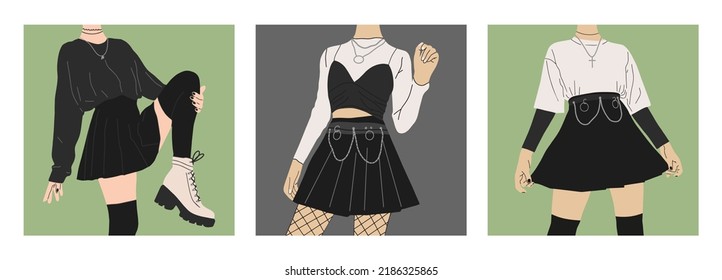 Fashion girls in stylish clothes. A set of posters, fashionable youth images in grunge style. Vector illustration in a flat style. Avatar icon.