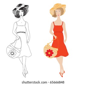 Fashion girls in  sundress with trendy hat and  handbag