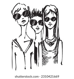 Fashion girls teenagers. Line drawing of girlfriends. Silhouette of fashion models