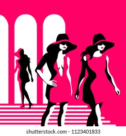 Fashion girls. Two female models on the fashion show. Vector illustration