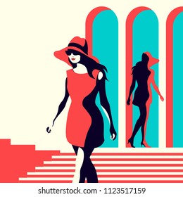 Fashion girls. Two female models on the fashion show. Vector illustration