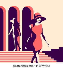 Fashion girls. Two female models on the fashion show. Vector illustration