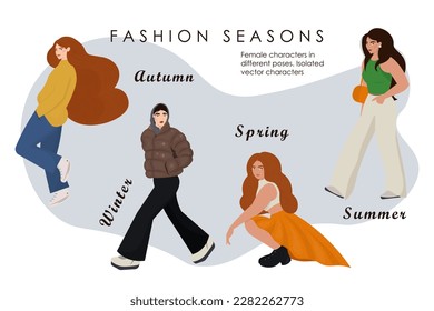 Fashion girls vector characters: spring, autumn, winter, summer. Girls in different poses. Vector characters, people