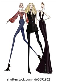 Fashion girls, vector illustration, posing, modern clothes