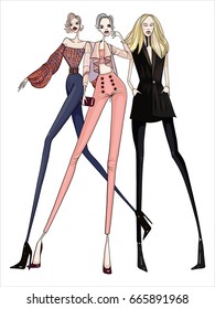 Fashion girls, vector illustration, posing, modern clothes