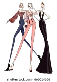 Fashion girls, vector illustration, posing, modern clothes