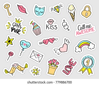 Fashion Girly Stickers Set. Collection Of Hand Drawn Fancy Doodle Pins, Patches, Badges. Vector Trendy Illustration.