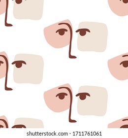 Fashion glamour abstract female faces seamless pattern texture. Ink hand drawn minimal modern background. Vector contemporary art, wallpaper, fabric print. Posters backgrounds, branding design