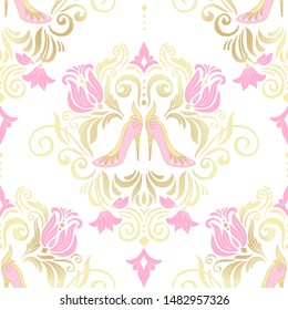 Fashion glamour shoes and golden ornament. Seamless vector pattern