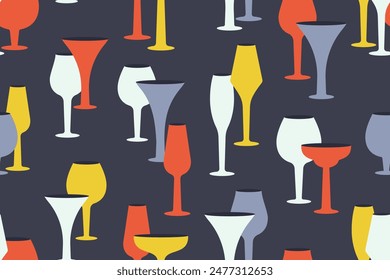 Fashion Glasses seamless pattern on black background. Fashion minimalist design. Silhouettes of  Wineglasses, alcohol Drinks, cocktails, champagne, martini, wine. Vector illustration