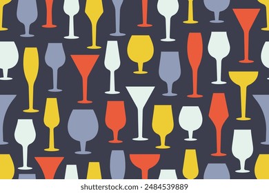 Fashion Glasses seamless pattern on black background. Fashion minimalist design. Silhouettes of Wineglasses, alcohol Drinks, cocktails, champagne. Vector illustration for wallpapers, textile, print