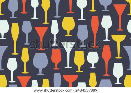 Fashion Glasses seamless pattern on black background. Fashion minimalist design. Silhouettes of Wineglasses, alcohol Drinks, cocktails, champagne. Vector illustration for wallpapers, textile, print
