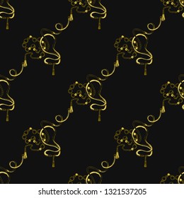Fashion gold pattern with white golden crossing belts. Vector hand drawn sketch seamless pattern on black background. Fabric design