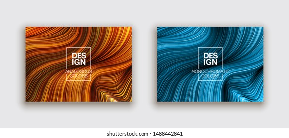 Fashion gold poster million thin lines luxury design. Liquid wave lines fashion background. Beautiful flowing drape textiles from multitude of thin threads. Vector illustration vogue drape banner set