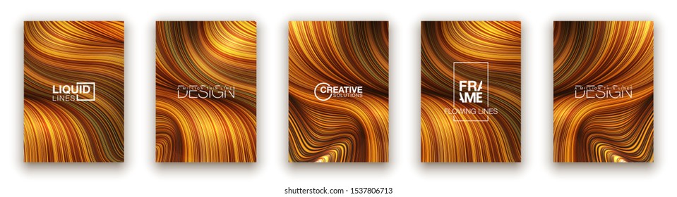 Fashion gold poster million thin lines luxury design. Liquid wave lines fashion background. Beautiful flowing drape textiles from multitude of thin threads. Vector illustration vogue drape banner set