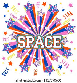 Fashion Gold. Тypography slogan with space holographic, pink glitter print. Shooting star appliques with embroidery sequins for fashion t shirt. Street style for young women, girls, kids illustration 