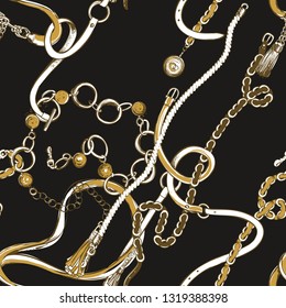 Fashion golden belts gold seamless pattern. Fabric ornament for scarf design. Hand drawn sketch illustrations on black background.