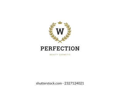 Fashion golden laurel wreath with heraldic antique crown minimal logo design template vector illustration. Premium royal insignia best champion award achievement leadership brand identity emblem