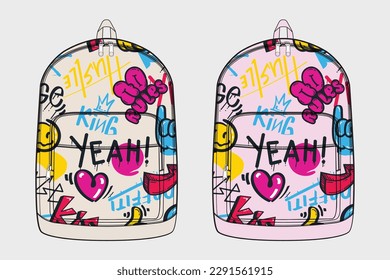 FASHION GRAFITTI KIDS BACKPACK. FLAT SKETCH. TECHNICAL DRAWING TEMPLATE