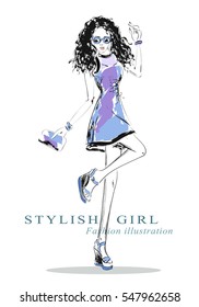 Fashion graphic dancing disco girl. Sketch girl. Vector illustration.