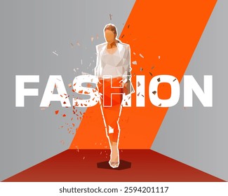 Fashion graphic design, low polygonal fashion female model caltwalk on stage. Web banner