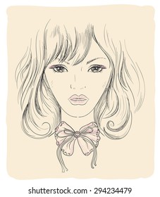 Fashion graphic portrait of a young model woman with bow on her neck.