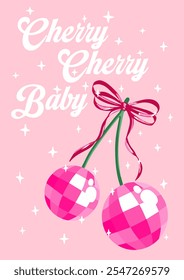 Impresiones gráficas de moda para cerezas de fruta en estilo de ilustración de bola de discoteca. Moda eslogan de impresión "Cherry Cherry Baby" y estrellas, eslogan de impresión para la camiseta. Divertido lindo estampado de camiseta, diseño de póster vintage