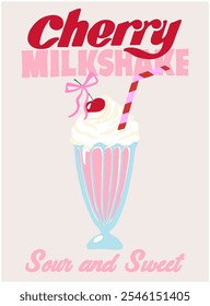 Impresión retro gráfica de moda con batido de cereza rosa y eslogan impreso "CHERRY MILKSHAKE, SOUR AND SWEET", eslogan impreso para camiseta. Divertido lindo estampado de camiseta, diseño de póster vintage