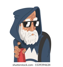 Fashion Gray Haired Senior Man, Old Man Character Wearing Hoodie and Sunglasses Vector Illustration