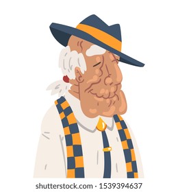 Fashion Gray Haired Senior Man, Smiling Old Man Character Wearing Retro Clothes and Fedora Hat Vector Illustration