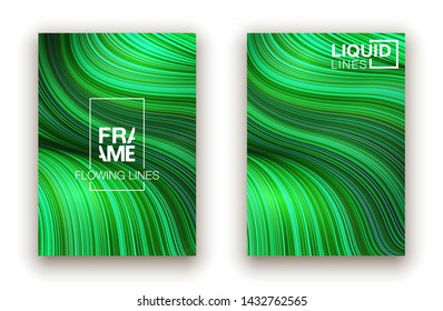 Fashion green poster thin lines locks luxury design. Liquid wave shiny lines hair fashion background. Beautiful flowing drape textiles thin threads hair. illustration vogue green threads drape banner