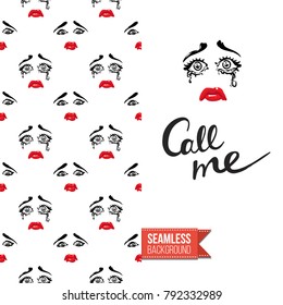 Fashion greeting card with girl emotional faces. Seamless pattern background with woman fashion emoticons, emoji, smiley icons, characters. Inscription: call me. Vector template.