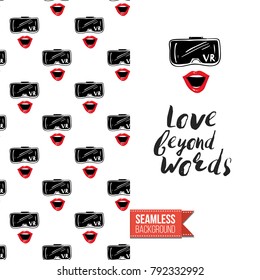 Fashion greeting card with girl emotional faces. Seamless pattern background with woman fashion emoticons, emoji, smiley icons, characters. Inscription: love beyond words. Vector template.