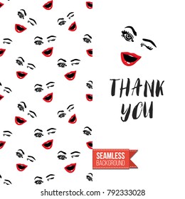 Fashion greeting card with girl emotional faces. Seamless pattern background with woman fashion emoticons, emoji, smiley icons, characters. Inscription: thank you. Vector template.