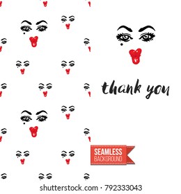 Fashion greeting card with girl emotional faces. Seamless pattern background with woman fashion emoticons, emoji, smiley icons, characters. Inscription: thank you. Vector template.